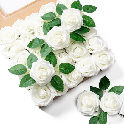 Artificial Flowers 25pcs Foam Fake Roses with Stems for DIY Wedding Bouquets Bridal Shower Centerpieces Arrangements Party Tables Valentines Day Decorations Christmas Tree （Ivory）