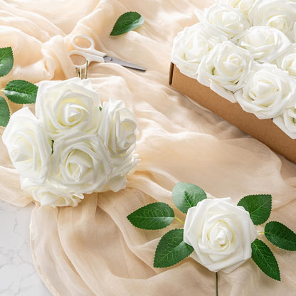 Artificial Flowers 25pcs Foam Fake Roses with Stems for DIY Wedding Bouquets Bridal Shower Centerpieces Arrangements Party Tables Valentines Day Decorations Christmas Tree （Ivory）