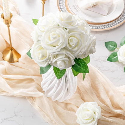Artificial Flowers 25pcs Foam Fake Roses with Stems for DIY Wedding Bouquets Bridal Shower Centerpieces Arrangements Party Tables Valentines Day Decorations Christmas Tree （Ivory）
