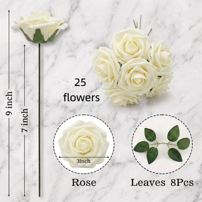 Artificial Flowers 25pcs Foam Fake Roses with Stems for DIY Wedding Bouquets Bridal Shower Centerpieces Arrangements Party Tables Valentines Day Decorations Christmas Tree （Ivory）