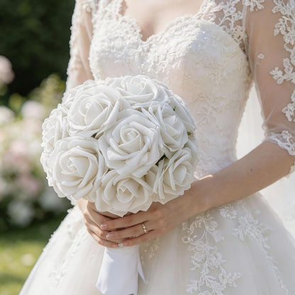 Artificial Flowers 25pcs Foam Fake Roses with Stems for DIY Wedding Bouquets Bridal Shower Centerpieces Arrangements Party Tables Valentines Day Decorations Christmas Tree （Ivory）