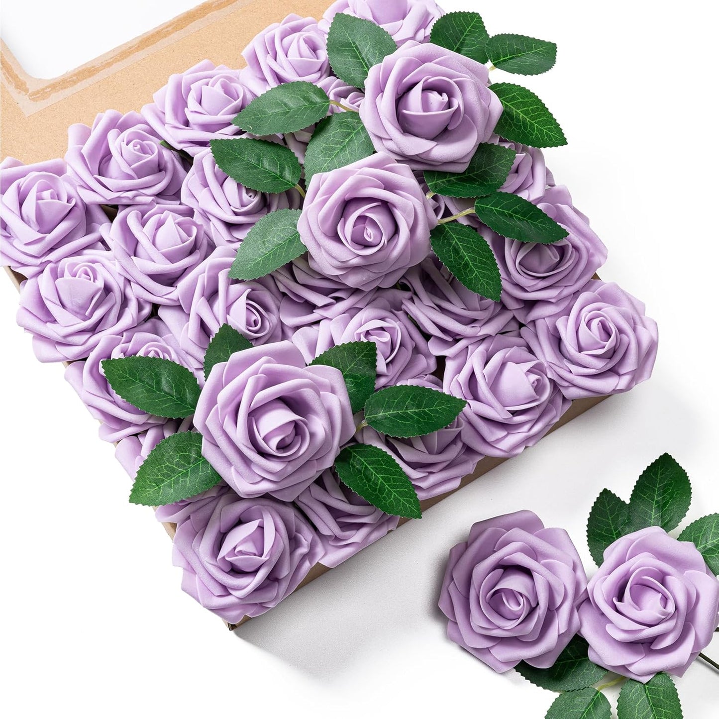 Artificial Flowers 25pcs Foam Fake Roses with Stems for DIY Wedding Bouquets Bridal Shower Centerpieces Arrangements Party Tables Valentines Day Decorations Christmas Tree （Ivory）