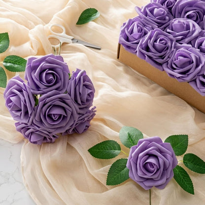 Artificial Flowers 25pcs Foam Fake Roses with Stems for DIY Wedding Bouquets Bridal Shower Centerpieces Arrangements Party Tables Valentines Day Decorations Christmas Tree （Ivory）