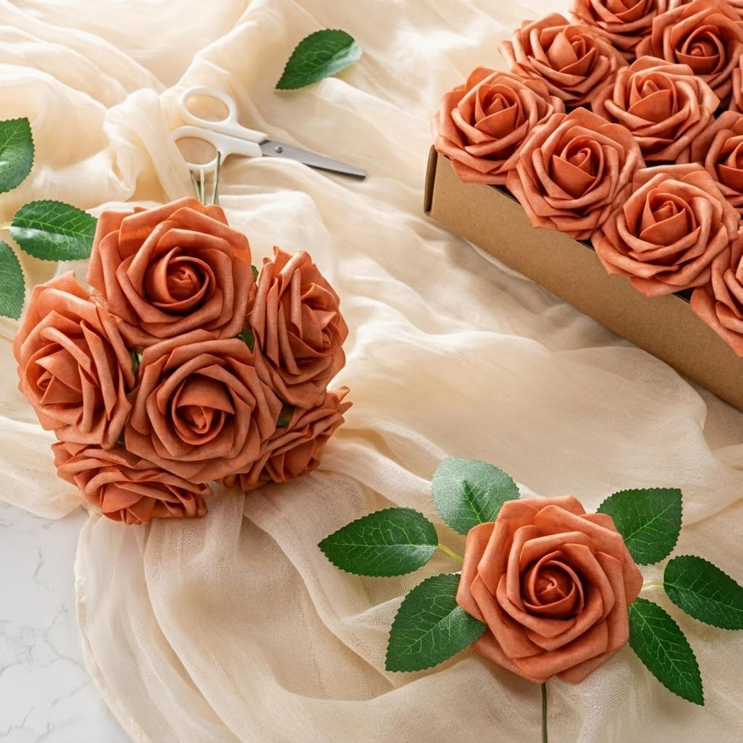 Artificial Flowers 25pcs Foam Fake Roses with Stems for DIY Wedding Bouquets Bridal Shower Centerpieces Arrangements Party Tables Valentines Day Decorations Christmas Tree （Ivory）