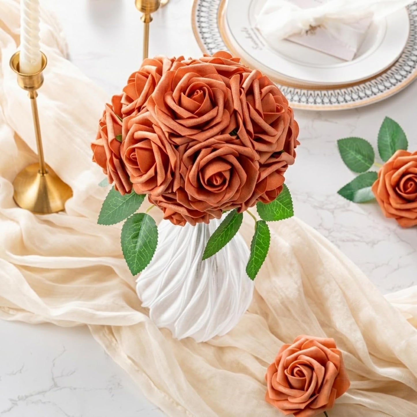 Artificial Flowers 25pcs Foam Fake Roses with Stems for DIY Wedding Bouquets Bridal Shower Centerpieces Arrangements Party Tables Valentines Day Decorations Christmas Tree （Ivory）