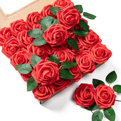 Artificial Flowers 25pcs Foam Fake Roses with Stems for DIY Wedding Bouquets Bridal Shower Centerpieces Arrangements Party Tables Valentines Day Decorations Christmas Tree （Ivory）