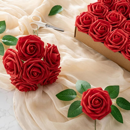 Artificial Flowers 25pcs Foam Fake Roses with Stems for DIY Wedding Bouquets Bridal Shower Centerpieces Arrangements Party Tables Valentines Day Decorations Christmas Tree （Ivory）