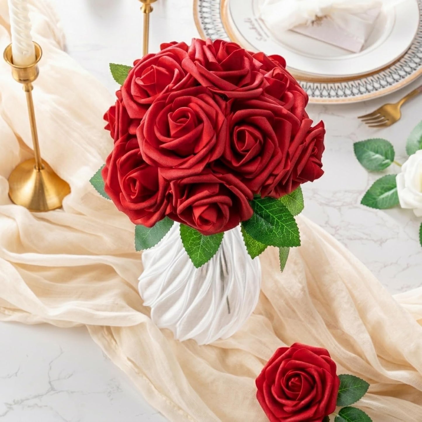Artificial Flowers 25pcs Foam Fake Roses with Stems for DIY Wedding Bouquets Bridal Shower Centerpieces Arrangements Party Tables Valentines Day Decorations Christmas Tree （Ivory）