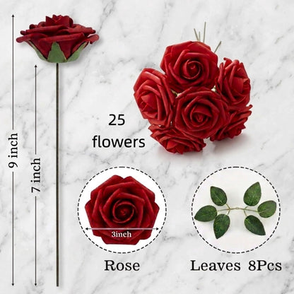 Artificial Flowers 25pcs Foam Fake Roses with Stems for DIY Wedding Bouquets Bridal Shower Centerpieces Arrangements Party Tables Valentines Day Decorations Christmas Tree （Ivory）