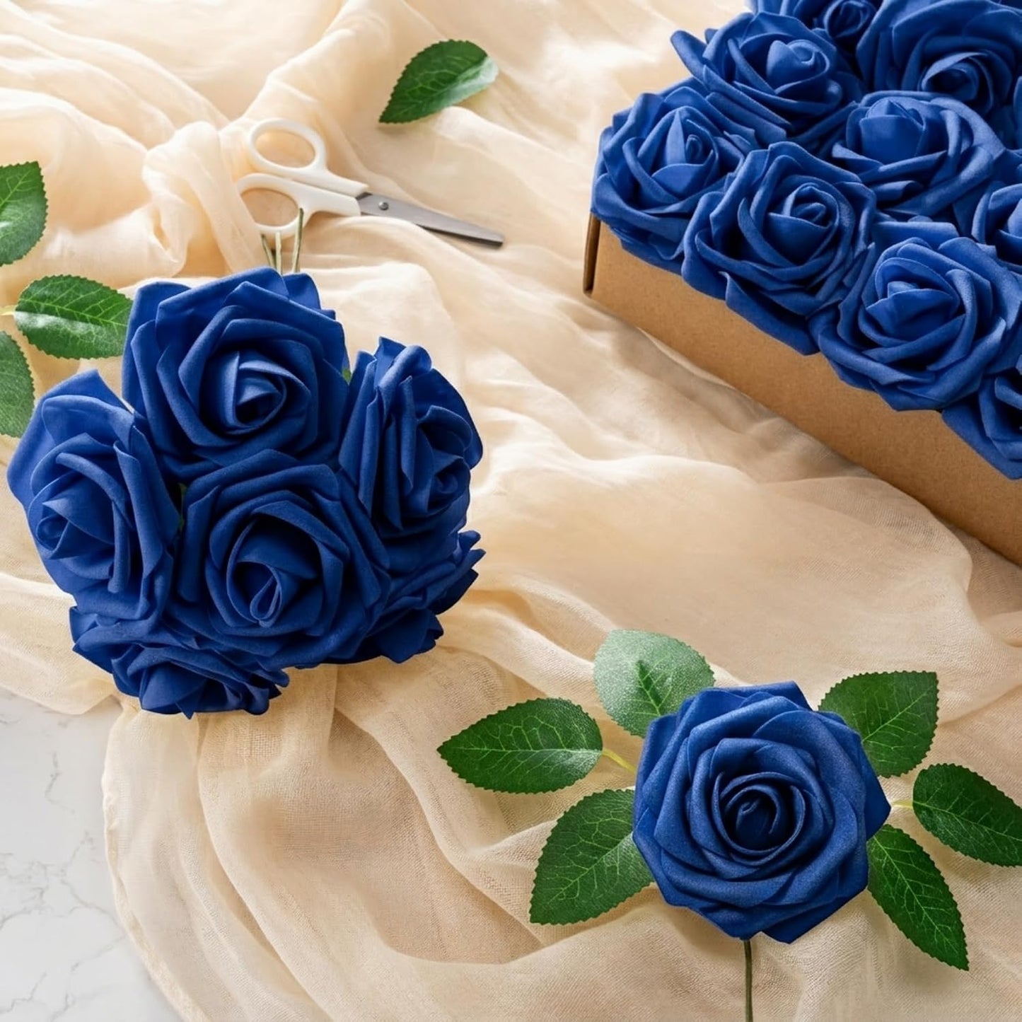 Artificial Flowers 25pcs Foam Fake Roses with Stems for DIY Wedding Bouquets Bridal Shower Centerpieces Arrangements Party Tables Valentines Day Decorations Christmas Tree （Ivory）