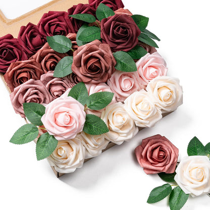 Artificial Flowers 25pcs Foam Fake Roses with Stems for DIY Wedding Bouquets Bridal Shower Centerpieces Arrangements Party Tables Valentines Day Decorations Christmas Tree （Ivory）