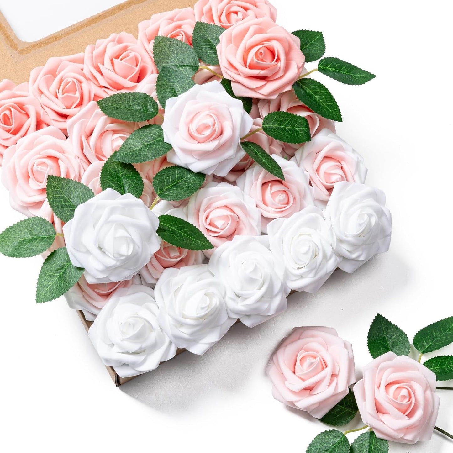 Artificial Flowers 25pcs Foam Fake Roses with Stems for DIY Wedding Bouquets Bridal Shower Centerpieces Arrangements Party Tables Valentines Day Decorations Christmas Tree （Ivory）