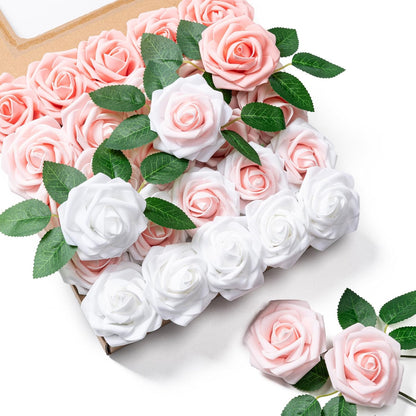 Artificial Flowers 25pcs Foam Fake Roses with Stems for DIY Wedding Bouquets Bridal Shower Centerpieces Arrangements Party Tables Valentines Day Decorations Christmas Tree （Ivory）