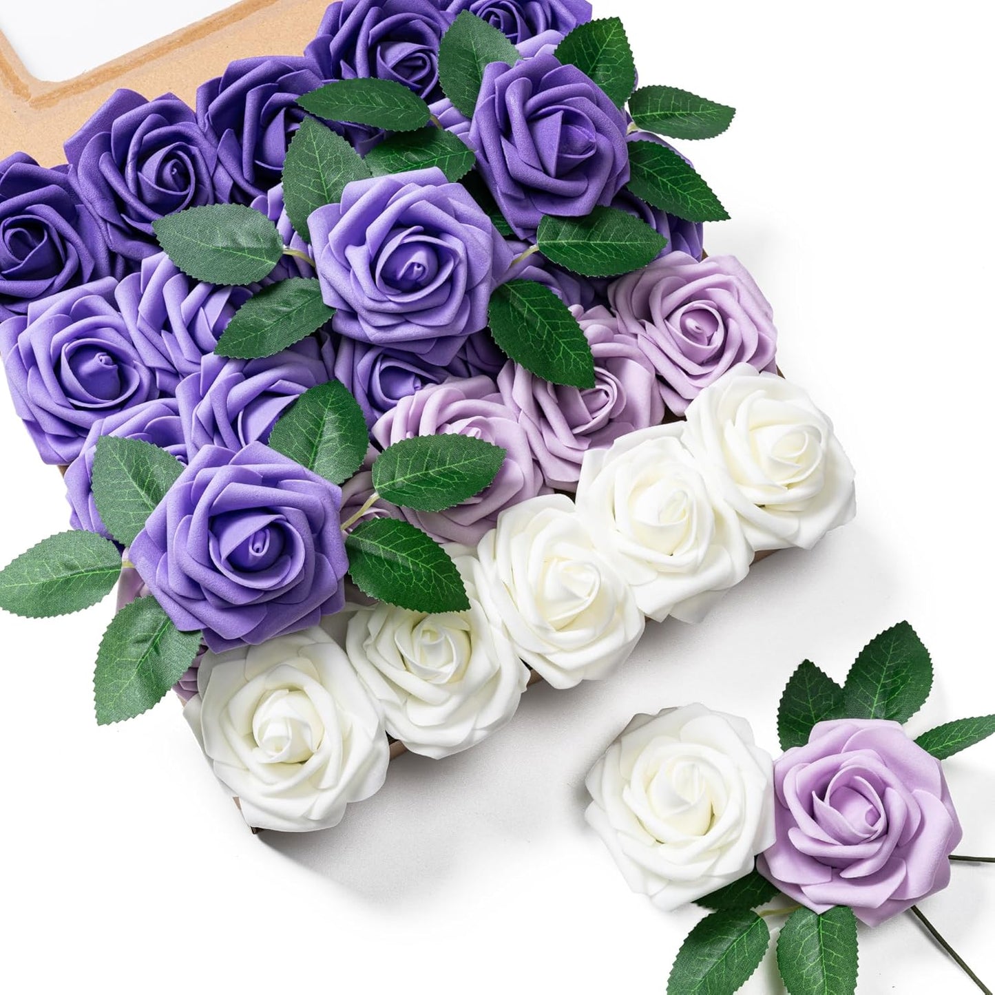 Artificial Flowers 25pcs Foam Fake Roses with Stems for DIY Wedding Bouquets Bridal Shower Centerpieces Arrangements Party Tables Valentines Day Decorations Christmas Tree （Ivory）