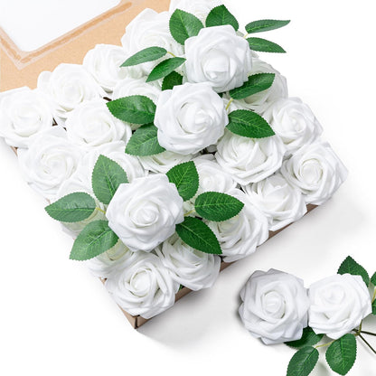 Artificial Flowers 25pcs Foam Fake Roses with Stems for DIY Wedding Bouquets Bridal Shower Centerpieces Arrangements Party Tables Valentines Day Decorations Christmas Tree （Ivory）