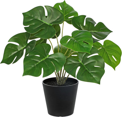 Fake Plants 11.8'' Realistic Monstera Plant Artificial Potted Indoor Plant Houseplant in Black Pot for Home Decor Wedding Centerpiece Dining Table Farmhouse, Green Leaves