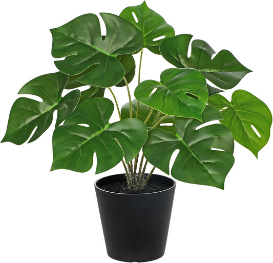 Fake Plants 11.8'' Realistic Monstera Plant Artificial Potted Indoor Plant Houseplant in Black Pot for Home Decor Wedding Centerpiece Dining Table Farmhouse, Green Leaves