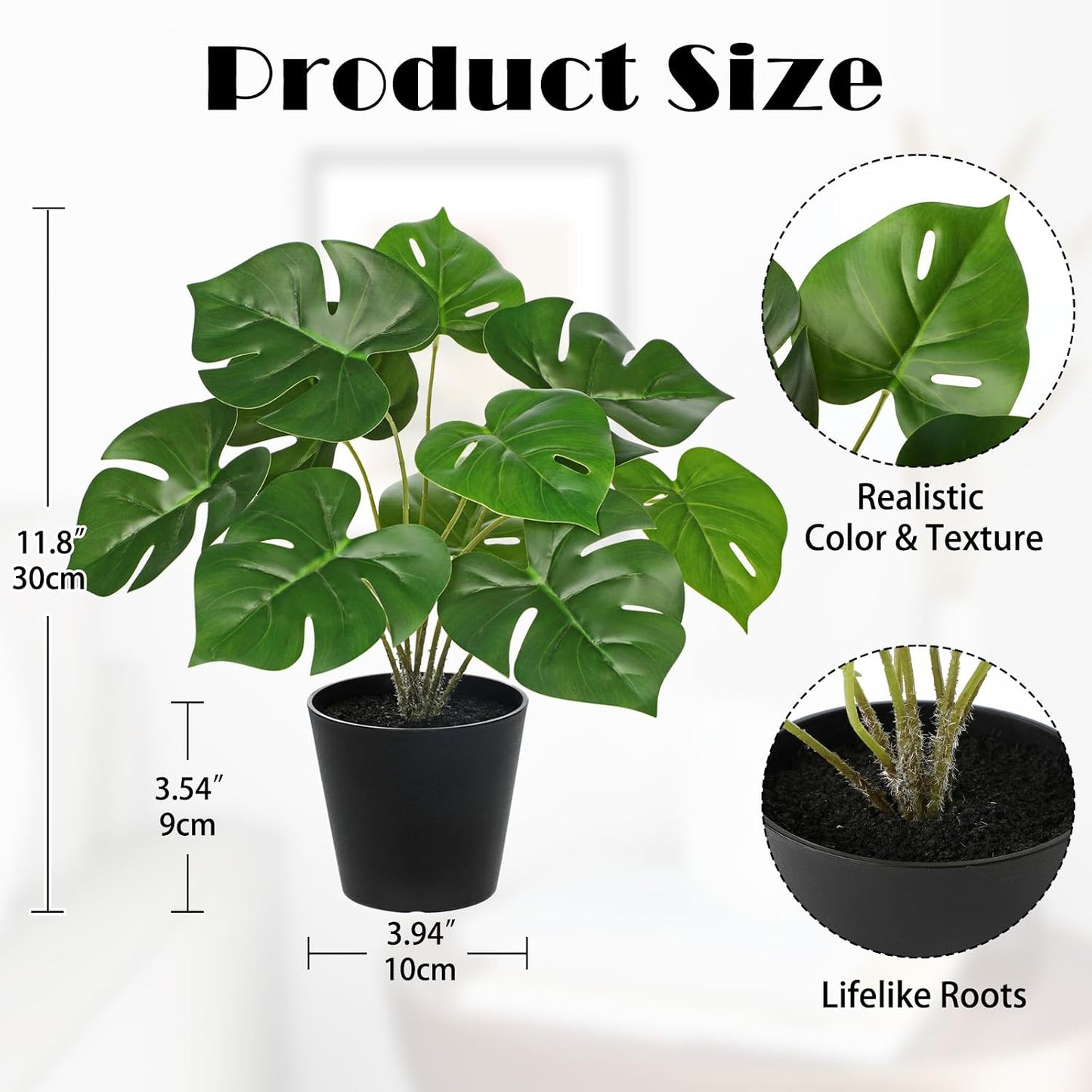 Fake Plants 11.8'' Realistic Monstera Plant Artificial Potted Indoor Plant Houseplant in Black Pot for Home Decor Wedding Centerpiece Dining Table Farmhouse, Green Leaves