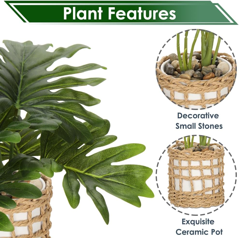 Fake Plants 11.8'' Realistic Monstera Plant Artificial Potted Indoor Plant Houseplant in Black Pot for Home Decor Wedding Centerpiece Dining Table Farmhouse, Green Leaves