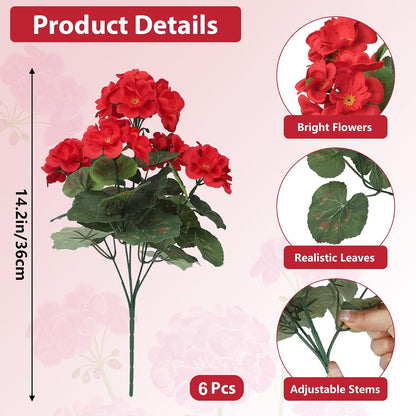 Artificial Flowers for Outdoors, 6 Pcs Red Fake Geraniums