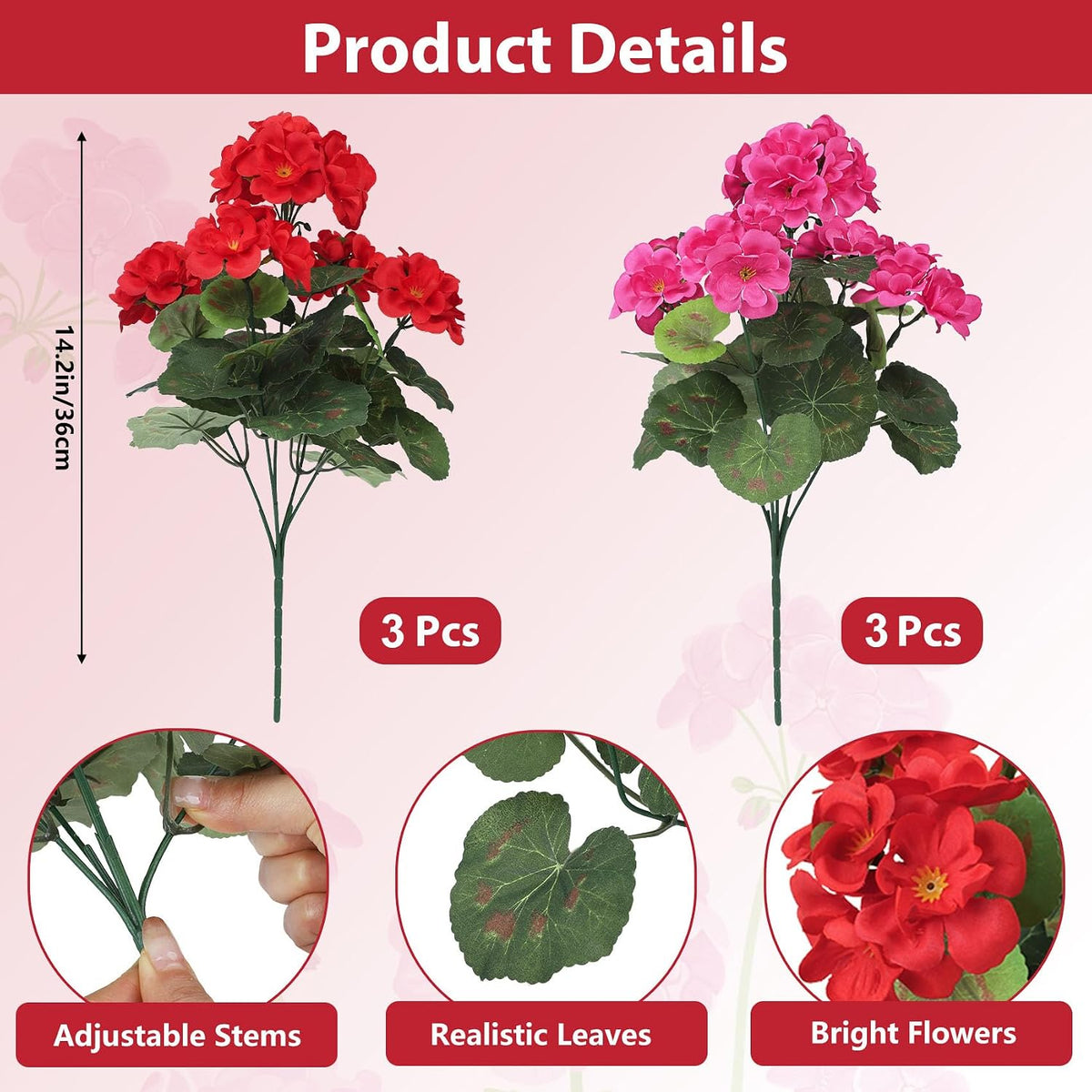 Artificial Flowers for Outdoors, 6 Pcs Red Fake Geraniums