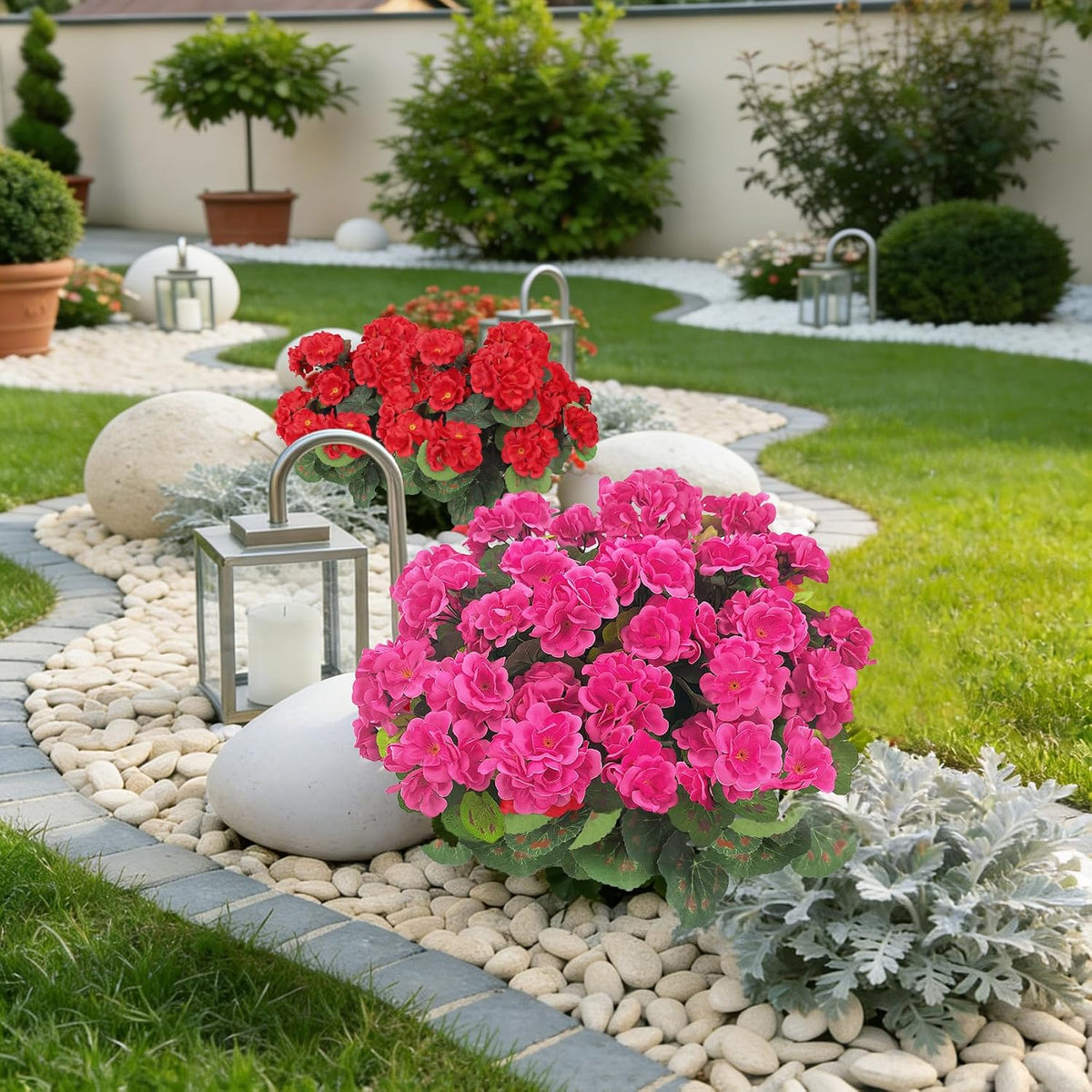 Artificial Flowers for Outdoors, 6 Pcs Red Fake Geraniums