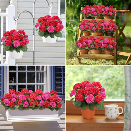 Artificial Flowers for Outdoors, 6 Pcs Red Fake Geraniums