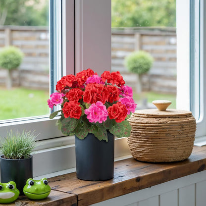 Artificial Flowers for Outdoors, 6 Pcs Red Fake Geraniums