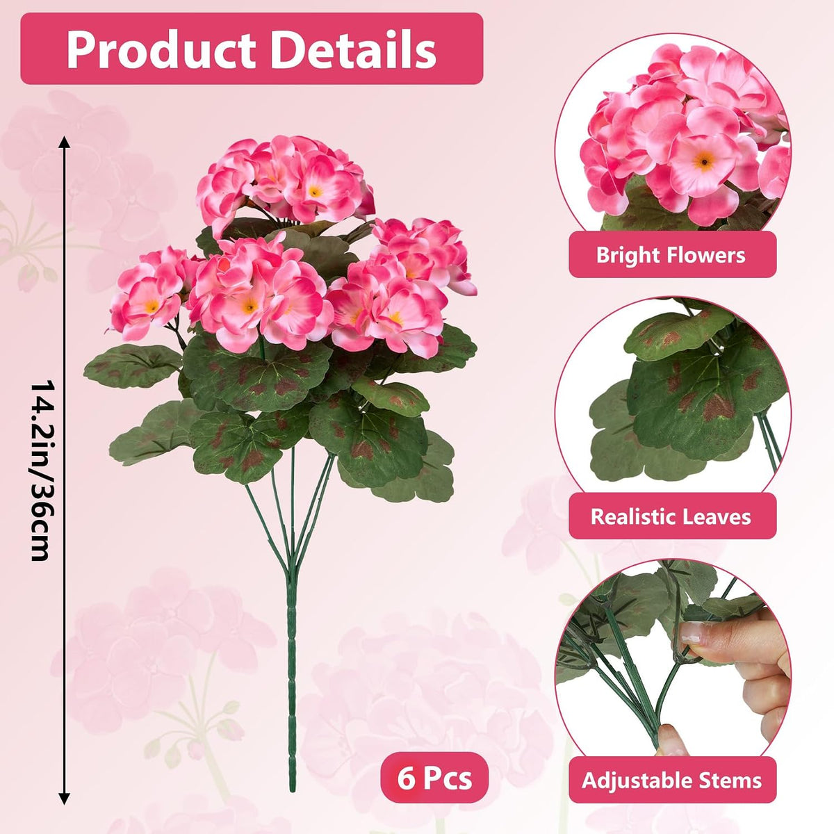 Artificial Flowers for Outdoors, 6 Pcs Red Fake Geraniums