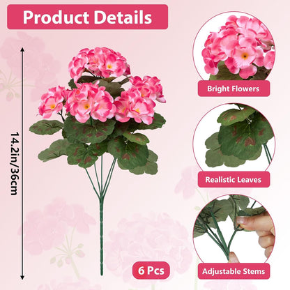 Artificial Flowers for Outdoors, 6 Pcs Red Fake Geraniums