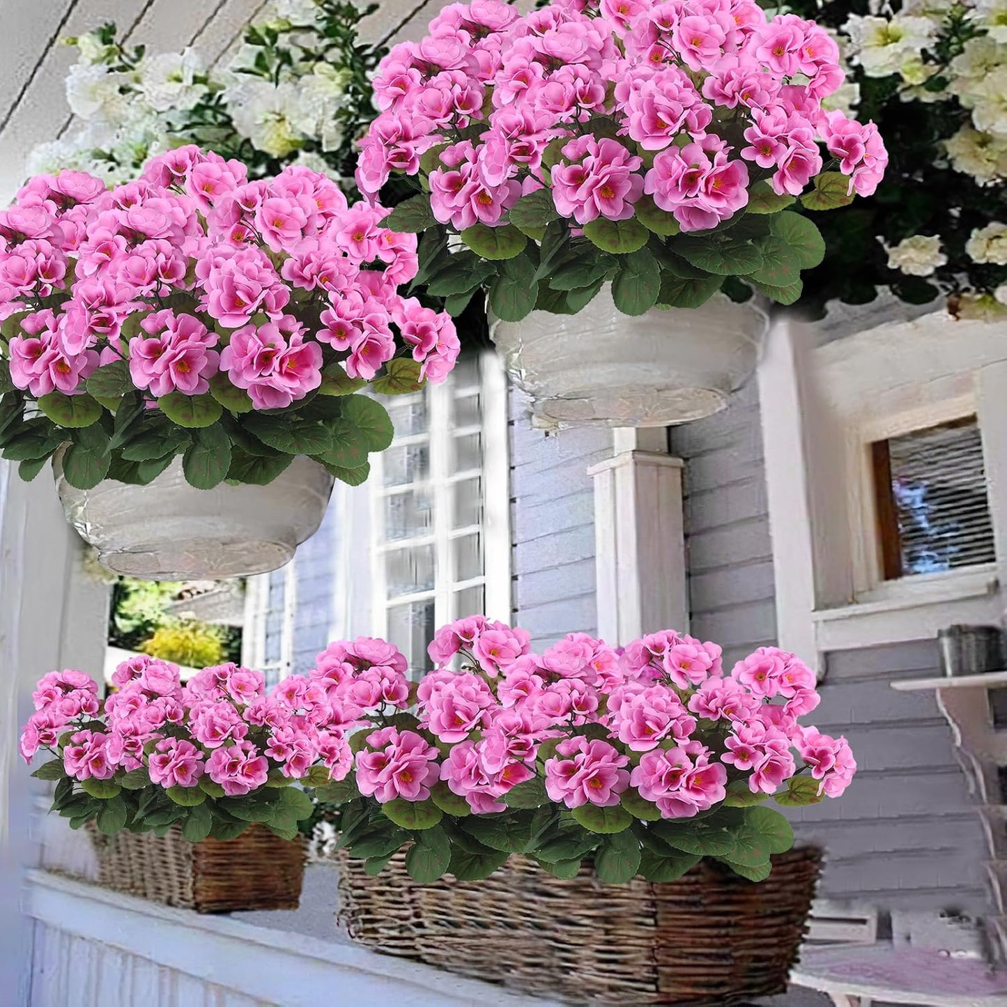 3 Pcs Artificial Geraniums Flowers Silk Geraniums for Outdoors UV Resistant Pink Artificial Geranium Bush Faux Flowers Plant for Planter Garden Home Decor Indoor Patio Vase Table Centerpiece