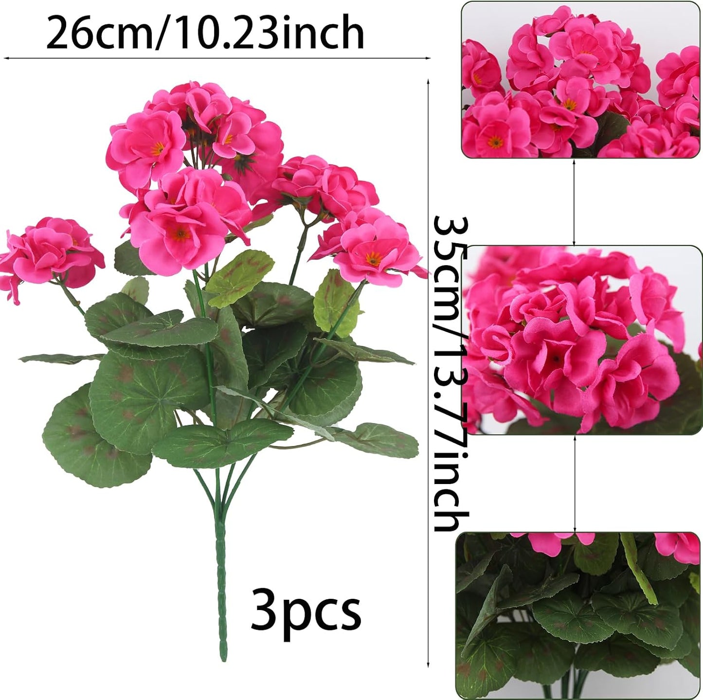 3 Pcs Artificial Geraniums Flowers Silk Geraniums for Outdoors UV Resistant Pink Artificial Geranium Bush Faux Flowers Plant for Planter Garden Home Decor Indoor Patio Vase Table Centerpiece