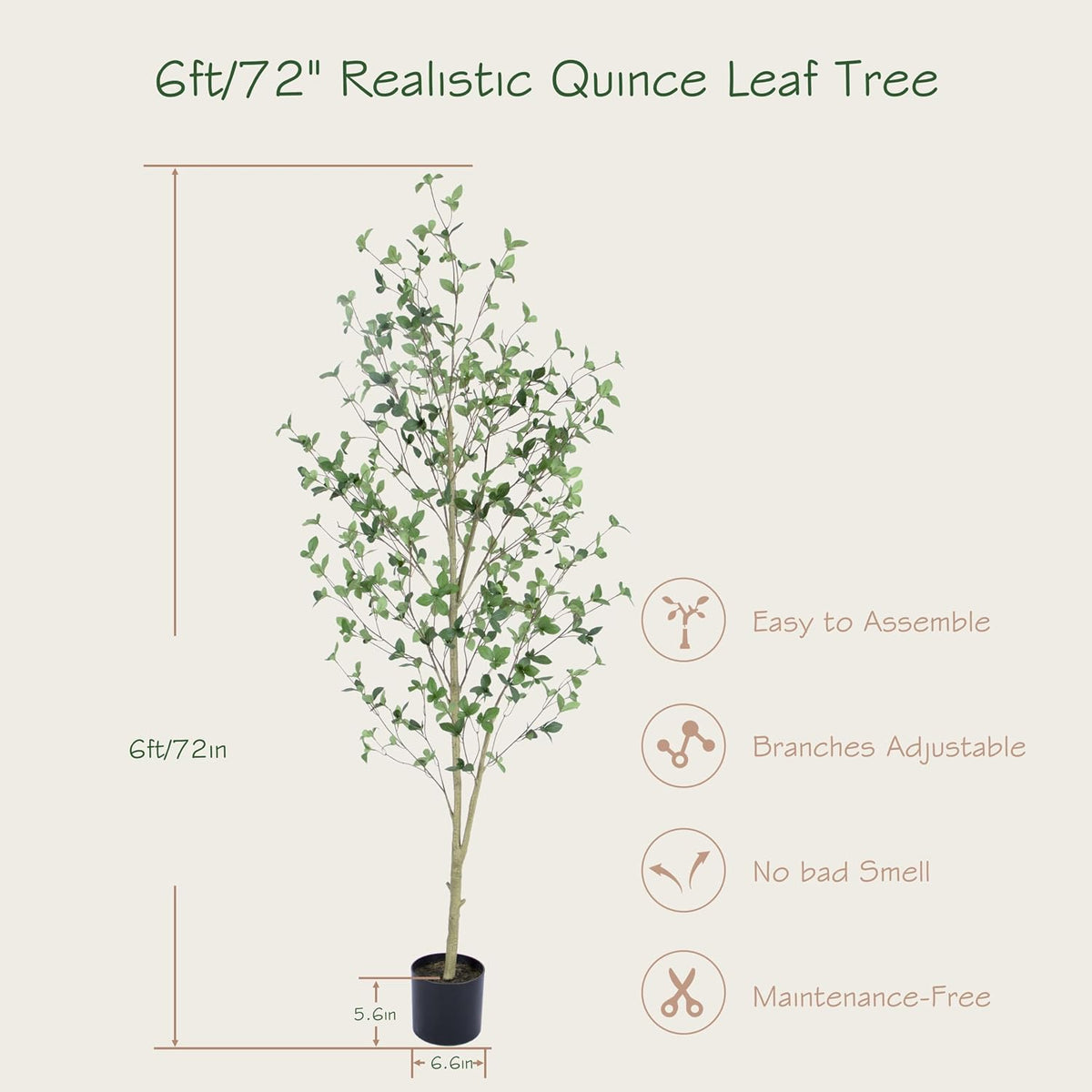 6ft Artificial Quince Leaf Tree with Realistic Trunks, 72in Faux Quince Leaf Tree with Lifelike Leaves for Garden, Home, Living Room Decor