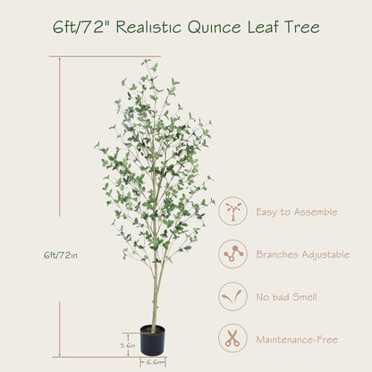 6ft Artificial Quince Leaf Tree with Realistic Trunks, 72in Faux Quince Leaf Tree with Lifelike Leaves for Garden, Home, Living Room Decor