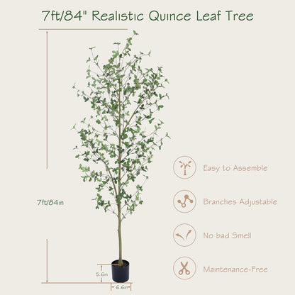 6ft Artificial Quince Leaf Tree with Realistic Trunks, 72in Faux Quince Leaf Tree with Lifelike Leaves for Garden, Home, Living Room Decor