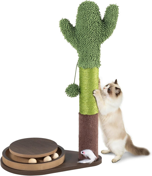 24" Cactus Cat Scratching Post, Natural Sisal Scratcher with Interactive Track Ball & Hanging Toys, Stable Anti-Tip Wooden Base Modern Cat Scratcher for Small & Medium Indoor Cats & Kittens