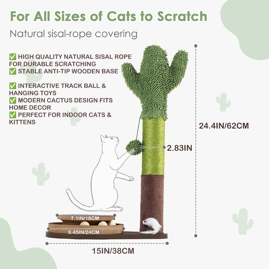 24" Cactus Cat Scratching Post, Natural Sisal Scratcher with Interactive Track Ball & Hanging Toys, Stable Anti-Tip Wooden Base Modern Cat Scratcher for Small & Medium Indoor Cats & Kittens