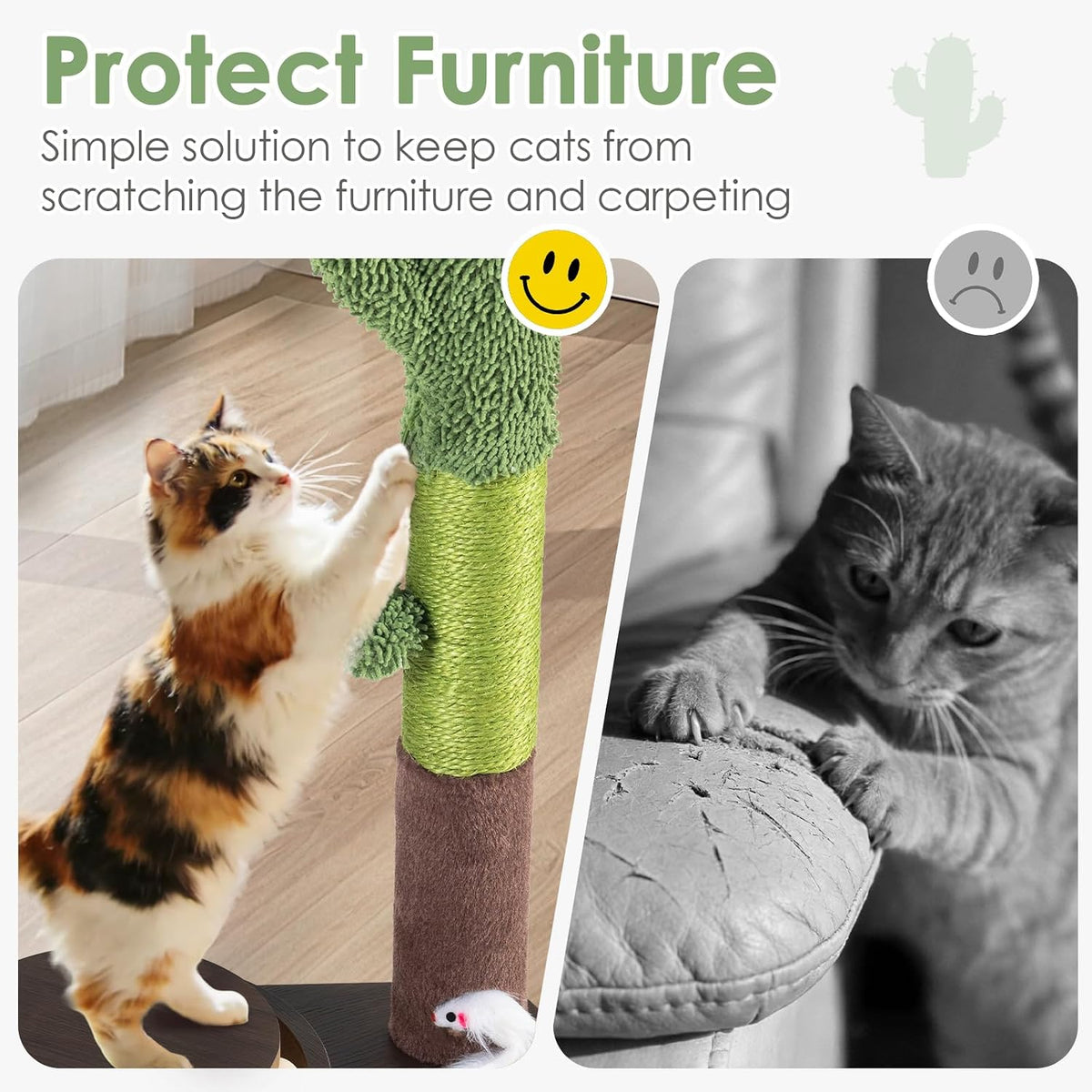 24" Cactus Cat Scratching Post, Natural Sisal Scratcher with Interactive Track Ball & Hanging Toys, Stable Anti-Tip Wooden Base Modern Cat Scratcher for Small & Medium Indoor Cats & Kittens
