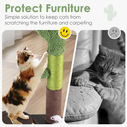 24" Cactus Cat Scratching Post, Natural Sisal Scratcher with Interactive Track Ball & Hanging Toys, Stable Anti-Tip Wooden Base Modern Cat Scratcher for Small & Medium Indoor Cats & Kittens
