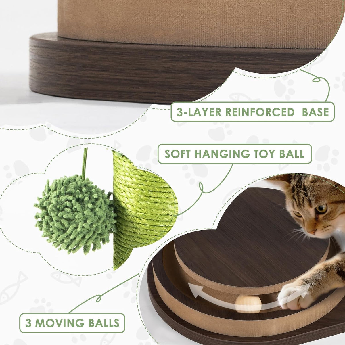 24" Cactus Cat Scratching Post, Natural Sisal Scratcher with Interactive Track Ball & Hanging Toys, Stable Anti-Tip Wooden Base Modern Cat Scratcher for Small & Medium Indoor Cats & Kittens