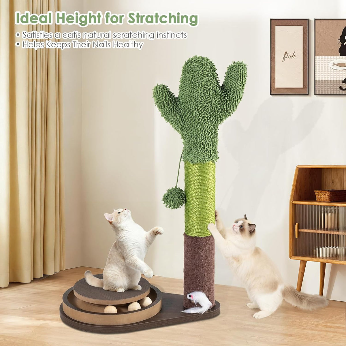 24" Cactus Cat Scratching Post, Natural Sisal Scratcher with Interactive Track Ball & Hanging Toys, Stable Anti-Tip Wooden Base Modern Cat Scratcher for Small & Medium Indoor Cats & Kittens