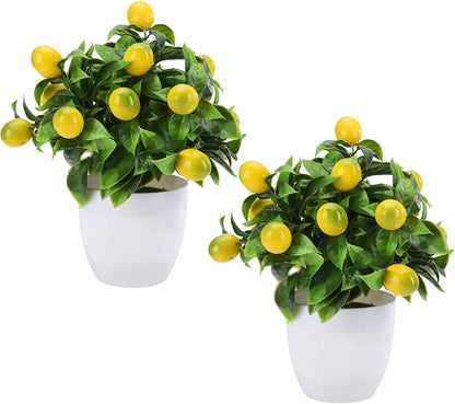 2Pcs 9.45Inch Artificial Lemon Tree Decor,Fake Lemon Plants Artificial Lemon Tree Bonsai Faux Greenery Mini Lemon Decorations for Kitchen,Home,Indoor,Bedroom and Lemon Theme Tea Party Centerpieces