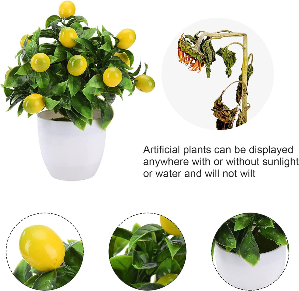 2Pcs 9.45Inch Artificial Lemon Tree Decor,Fake Lemon Plants Artificial Lemon Tree Bonsai Faux Greenery Mini Lemon Decorations for Kitchen,Home,Indoor,Bedroom and Lemon Theme Tea Party Centerpieces