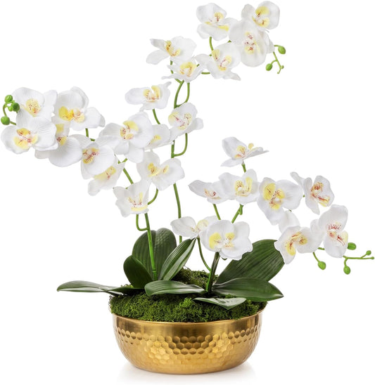 3 Pcs 28" Large Artificial Orchids in Gold Hammered Stainless Steel Vase, White Fake Orchid Flowers Faux Phalaenopsis Orchids Centerpieces with Moss Leaves for Home Decor Wedding Party Office Table