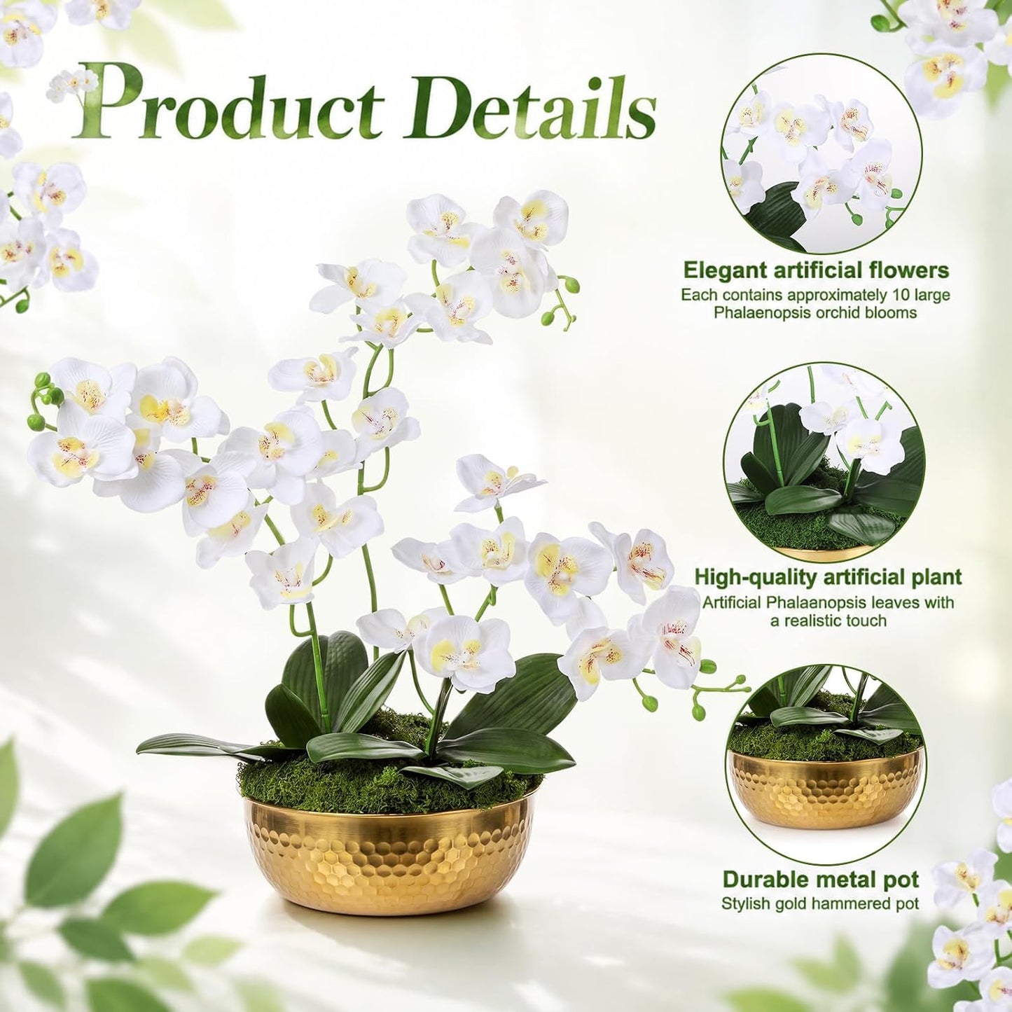3 Pcs 28" Large Artificial Orchids in Gold Hammered Stainless Steel Vase, White Fake Orchid Flowers Faux Phalaenopsis Orchids Centerpieces with Moss Leaves for Home Decor Wedding Party Office Table