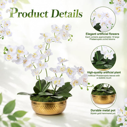 3 Pcs 28" Large Artificial Orchids in Gold Hammered Stainless Steel Vase, White Fake Orchid Flowers Faux Phalaenopsis Orchids Centerpieces with Moss Leaves for Home Decor Wedding Party Office Table