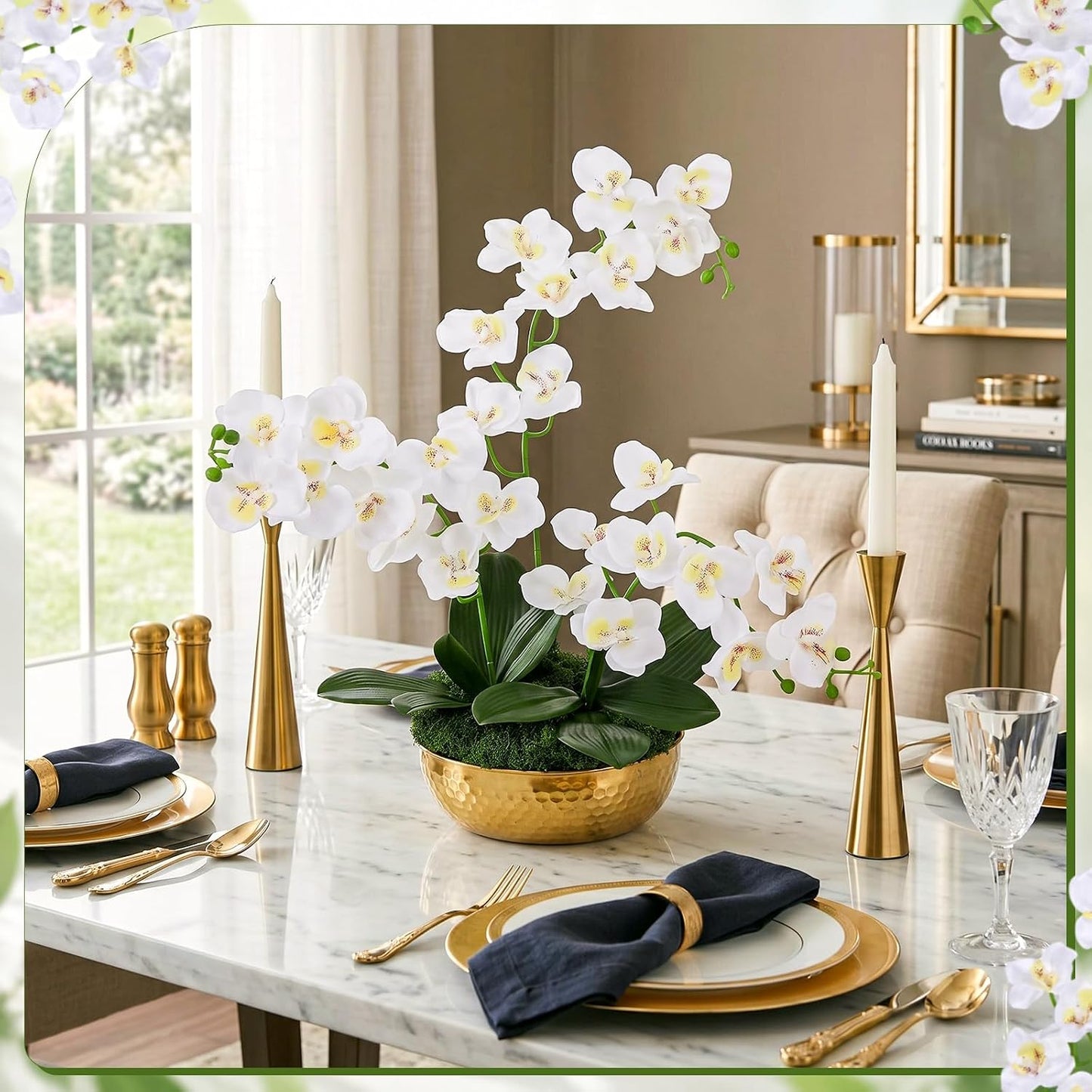 3 Pcs 28" Large Artificial Orchids in Gold Hammered Stainless Steel Vase, White Fake Orchid Flowers Faux Phalaenopsis Orchids Centerpieces with Moss Leaves for Home Decor Wedding Party Office Table