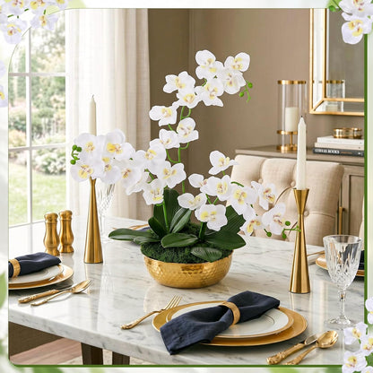 3 Pcs 28" Large Artificial Orchids in Gold Hammered Stainless Steel Vase, White Fake Orchid Flowers Faux Phalaenopsis Orchids Centerpieces with Moss Leaves for Home Decor Wedding Party Office Table