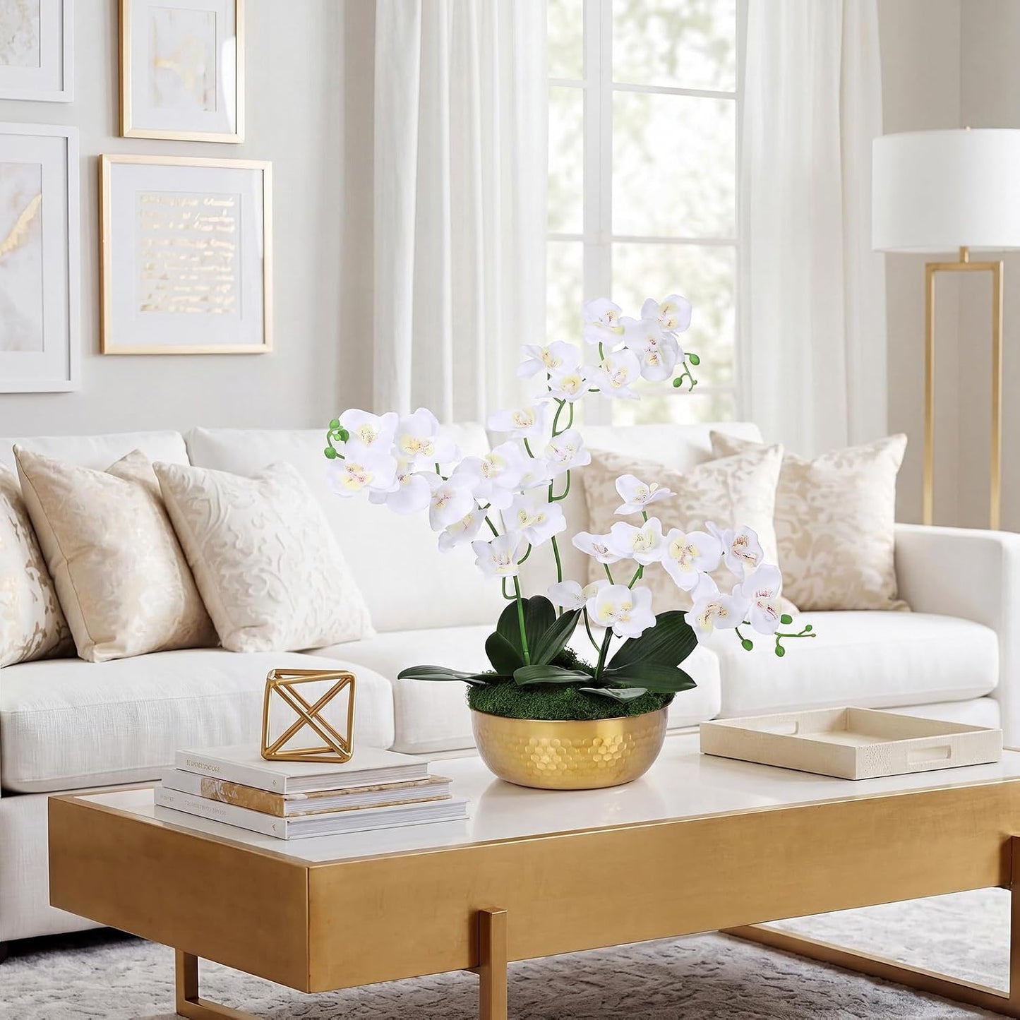 3 Pcs 28" Large Artificial Orchids in Gold Hammered Stainless Steel Vase, White Fake Orchid Flowers Faux Phalaenopsis Orchids Centerpieces with Moss Leaves for Home Decor Wedding Party Office Table