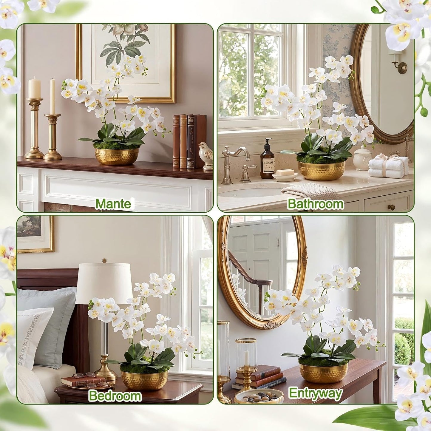 3 Pcs 28" Large Artificial Orchids in Gold Hammered Stainless Steel Vase, White Fake Orchid Flowers Faux Phalaenopsis Orchids Centerpieces with Moss Leaves for Home Decor Wedding Party Office Table